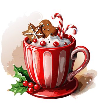 Şenlikli ve mevsimsel içerikler için uygun, şekerli ve zencefilli kurabiye aksanıyla dekoratif bir kupada neşeli bir kış içeceği.