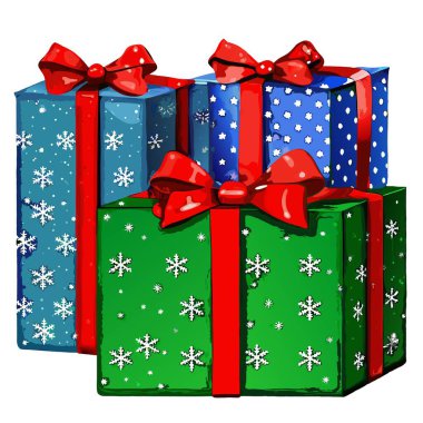 Dekoratif yaylar ve zarif kurdelelerle süslenmiş Noel hediyesi kutuları. Mevsimsel içerik için mükemmel.