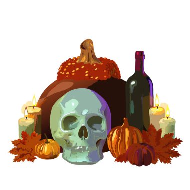 Kafatası, balkabağı, mumlar, üzümler, akçaağaç yaprakları ve bir bardak şaraptan oluşan düzenlenmiş bir Cadılar Bayramı.