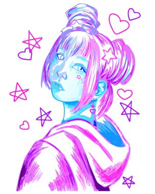 Şık makyajlı, yıldız şeklinde saç tokaları olan sevimli bir anime kızı ve pastel tonlarda, modaya uygun ve modaya uygun görünümlü sevimli küpeler.