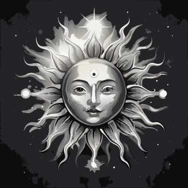 Büyülü ve gizemli elementlerle sanatsal güneş temalı bir kompozisyon, metafizik ya da göksel kavramlar için ideal.