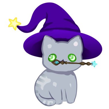 Sihirli gri bir kedi büyücü şapkası takıyor ve elinde fantezi, cadılar bayramı ya da çocuk resimleri için ideal bir değnek tutuyor.