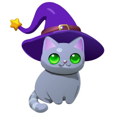 Sihirbaz şapkası ve değneği olan sevimli, gri bir kedi karakteri. Fantezi görseller, çocuklar ve mevsimsel tasarımlar için mükemmel.