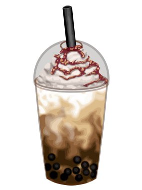 Buzlu kahve köpüklü çay, çiğnenmiş tapyoka incileri, kalın saman ve zengin karamel çiselemesi menüler, ambalajlar veya yaşam tarzı görselleri için idealdir.