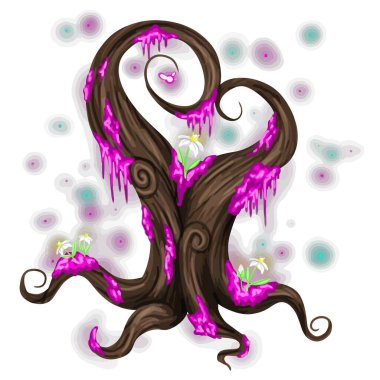 Nazik çiçeklerle süslenmiş sihirli kalp şeklinde bir ağaç, parlayan ateşböcekleri, nazik periler, ve büyüleyici doğal ortamdaki yumuşak yosunlar.