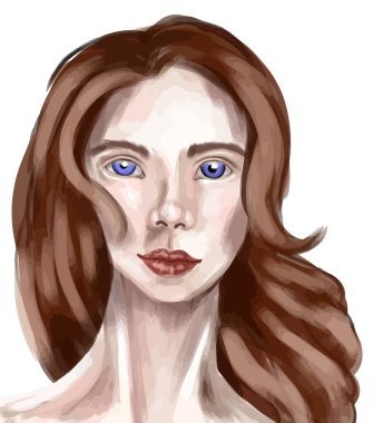 Yumuşak kahverengi saçlı ve canlı mavi gözlü bir kızın portresi, doğal ve anlamlı bir pozda çekilmiştir.