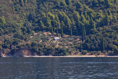 Athos yarımadasındaki Akdeniz kıyısı manzarası - Chalkidiki - Yunanistan