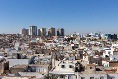 Sousse-Tunus 'taki eski şehrin hava manzarası.