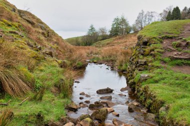 Nehir manzarası ve Cheesden Vadisi 'ndeki kayalar Rochdale Büyük Manchester, Lancashire İngiltere