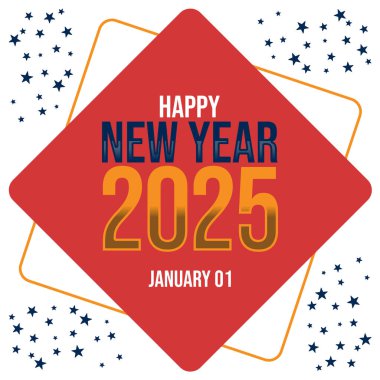 Festive happy new year 2025 card design with bold colors, abstract geometric elements, and a bright modern style clipart