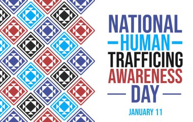 This image highlights the importance of national human trafficking awareness day, observed on January 11. The design combines bold fonts, intricate geometric patterns, and a symbolic ribbon to emphasize the message of prevention, solidarity. clipart