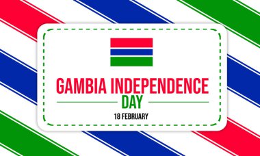 Parlak ve renkli bir Gambiya Bağımsızlık Günü grafiği. Çapraz çizgiler, kalın metinler ve Gambiya bayrağı 18 Şubat 'ı kutluyor..
