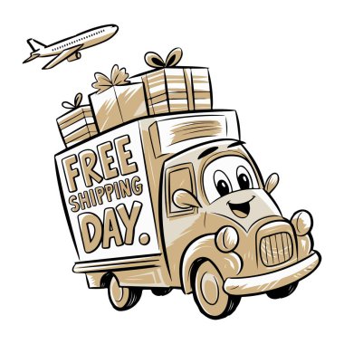 Joyful Free Shipping Day Illustration A Playful Delivery Truck Adventure clipart