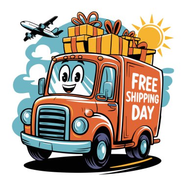 Joyful Free Shipping Day Illustration A Playful Delivery Truck Adventure clipart