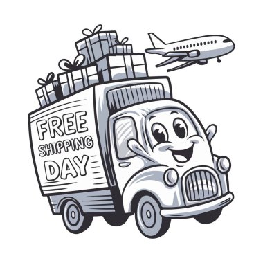 Joyful Free Shipping Day Illustration A Playful Delivery Truck Adventure clipart