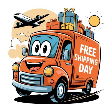 Joyful Free Shipping Day Illustration A Playful Delivery Truck Adventure clipart