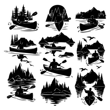 Outdoor Adventure Silhouettes Canoeing, Kayaking, Mountains, and Nature Elements clipart