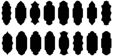 Eski çerçeveler ve etiketler şekil koleksiyonları. İslami kapı ve Arapça pencere kemeri şeklinde. Bir pencerenin İslami vektörü. Ramazan için Müslüman Arapça tasarım çerçeveleri