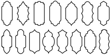 Eski çerçeveler ve etiketler şekil koleksiyonları. İslami kapı ve Arapça pencere kemeri şeklinde. Bir pencerenin İslami vektörü. Soyut Dekoratif Çerçeveler