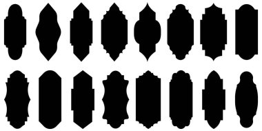 Eski çerçeveler ve etiketler şekil koleksiyonları. İslami kapı ve Arapça pencere kemeri şeklinde. Bir pencerenin İslami vektörü. Camların silueti ve camilerin kapıları