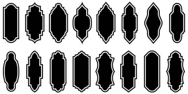 Eski çerçeveler ve etiketler şekil koleksiyonları. İslami kapı ve Arapça pencere kemeri şeklinde. Bir pencerenin İslami vektörü. Pencere ve kapı tasarımı için Ramazan şekilleri