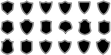 Kalkan simgeleri ayarlandı. Kalkan işaretleri koleksiyonu. Farklı kalkan ikon vektörünü şekillendirir. Güzel kalkan siluetleri..