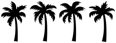 Kara Palmiye Ağaçları. Posterler için siyah palmiye siluetleri, palmiye ağaçları. Pankart ya da broşür. El çizimi palmiye ağacı vektör silueti. Siyah palmiye ağacı şekli, Vektör illüstrasyonu