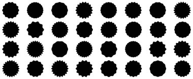 Çember çıkartması hazır. Dalgalı kenarlı siyah rozetler. Yıldız patlaması şekli