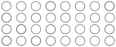 Çember çıkartması hazır. Dalgalı kenarlı siyah rozetler. Yıldız patlaması şekli