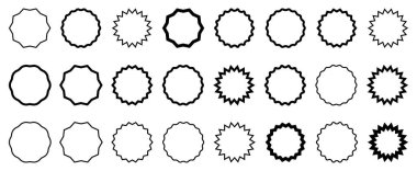 Çember çıkartması hazır. Dalgalı kenarlı siyah rozetler. Yıldız patlaması etiketleri fiyatına. Boş satış etiketleri. Güneş patlaması rozetleri, retro yıldızlar. 