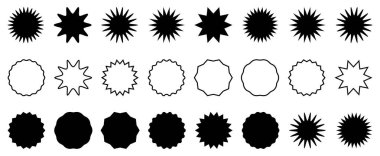 Çember çıkartması hazır. Dalgalı kenarlı siyah rozetler. Yıldız patlaması etiketleri fiyatına. Boş satış etiketleri. Güneş patlaması rozetleri, retro yıldızlar. 