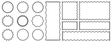 Geometrik şekiller, zikzak dalgalı kenarlı çıkartmalar. Zigzag kenar koleksiyonuna sahip çerçeve kümesi