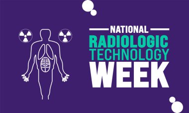 Novembe 'de her yıl Radyolojik Teknoloji Haftası (NRTW) izlenmektedir. Tatil konsepti. Pankart, arkaplan, tebrik kartı, metin yazımlı poster tasarım şablonu, standart sosyal medya postası için uygun.