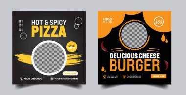 Gıda sosyal medya afişi tasarım şablonu. Burger sosyal medya afişi. Lezzetli fast food burger pizza sosyal medya pazarlama pankartı boyutu