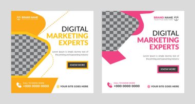 Sarı ve mavi renkli dijital pazarlama sosyal medya poster şablonu tasarımı, kare çevrimiçi pazarlama ticari afiş tasarımı şablonu