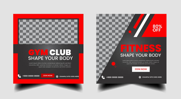 Тренажерный зал Социальные медиа пост шаблон баннера со стандартным цветом, тренажерный зал, тренировки, фитнес и спорт.
