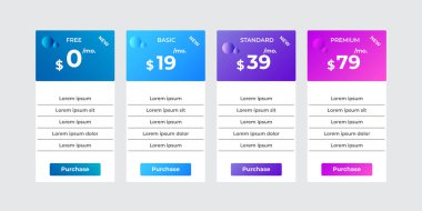 Modern fiyatlandırma planları elementlerin vektörünü belirler. Web sitesi veya uygulama için izole fiyatlandırma veya abonelik planı. Fiyat tablosu web sayfasını karşılaştır. Ücretsiz, temel, standart, iş. vektör illüstrasyonu