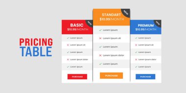 Modern fiyatlandırma planları elementlerin vektörünü belirler. Web sitesi veya uygulama için izole fiyatlandırma veya abonelik planı. Fiyat tablosu web sayfasını karşılaştır. Ücretsiz, temel, standart, iş. vektör illüstrasyonu