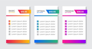 Modern fiyatlandırma planları elementlerin vektörünü belirler. Web sitesi veya uygulama için izole fiyatlandırma veya abonelik planı. Fiyat tablosu web sayfasını karşılaştır. Ücretsiz, temel, standart, iş. vektör illüstrasyonu