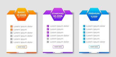 Modern fiyatlandırma planları elementlerin vektörünü belirler. Web sitesi veya uygulama için izole fiyatlandırma veya abonelik planı. Fiyat tablosu web sayfasını karşılaştır. Ücretsiz, temel, standart, iş. vektör illüstrasyonu