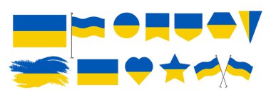 Ukrayna bayrakları, pankartlar, semboller, düz simgeler koyun. Çeşitli nesneler ve devlet işaretleri ve şekilleri üzerindeki ulusal sembollerin toplanmasının vektör illüstrasyonu