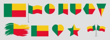 Benin bayrak seti. Popüler şekiller ve fırçalarla ulusal bayrak vektör tasarımı. Benin bayrak vektör illüstrasyonu