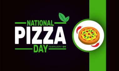 Ulusal Pizza Günü. 9 Şubat arka plan şablonu. Afişler, kartlar, posterler ve sosyal medya için mükemmel. Profesyonel görünüm için metin yazımı ve klasik renk içeren vektör tasarımı