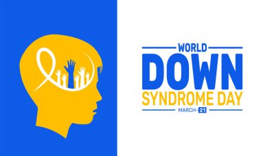 Dünya Down Sendromu Günü 21 Mart. Bu bayram temalı tasarım arka planlar, pankartlar, tebrik kartları, yazılı posterler ve klasik sosyal medya paylaşımları için mükemmel. Vektör illüstrasyonu.