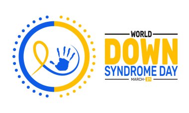 Dünya Down Sendromu Günü 21 Mart. Bu bayram temalı tasarım arka planlar, pankartlar, tebrik kartları, yazılı posterler ve klasik sosyal medya paylaşımları için mükemmel. Vektör illüstrasyonu.