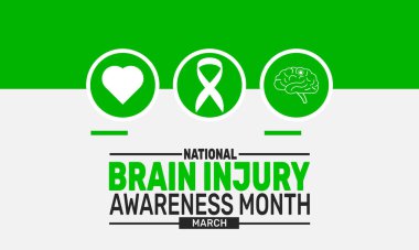 March Is Brain Conjureness Ath.TBI Bu tatil temalı tasarım yeşil arka planlar, afişler, tebrik kartları, yazılı posterler, klasik sosyal medya paylaşımları için mükemmel. resimleme