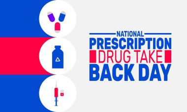 Ulusal Reçete Uyuşturucu Geri Alma Günü. Tatil konsepti. Pankart, arkaplan, tebrik kartı, metin yazımlı poster tasarım şablonu, standart sosyal medya postası için uygun.