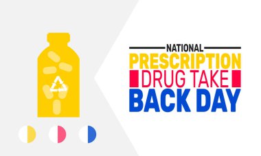 Ulusal Reçete Uyuşturucu Geri Alma Günü. Tatil konsepti. Pankart, arkaplan, tebrik kartı, metin yazımlı poster tasarım şablonu, standart sosyal medya postası için uygun.