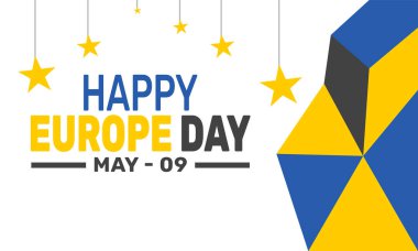 Avrupa günün kutlu olsun. Tatil konsepti. Mavi arkaplan şablonu, pankart, pankart, kart, poster tasarım şablonu, metin yazımlı klasik sosyal medya postası için mükemmel.