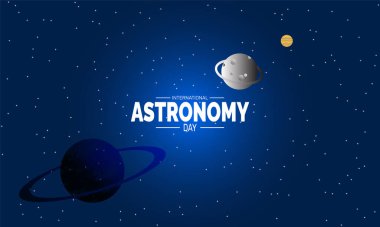 Astronomi günü. Tatil konsepti. Mavi arkaplan şablonu, pankart, pankart, kart, poster tasarım şablonu, metin yazımlı klasik sosyal medya postası için mükemmel.